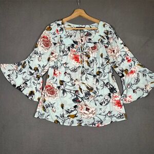 Sara Michelle Blouse Womens M Blue Floral Bell Sleeve Tie Neck Top Boho Chic